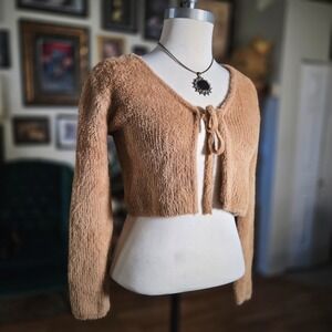 Ella Blue Fuzzy Cropped Cardigan Sweater Camel Tan Tie Front Long Sleeve